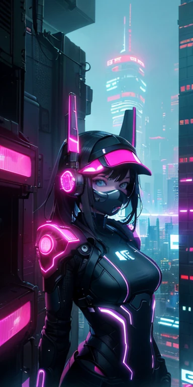 top-quality))、((masterpiece)、cyberpunked、Electronic visor attached to the face of a looking out at the city from the roof of a building、Cyberpunk Fashion、Sexy Posing、Expo skin、Breasts enlarged、Nets in dark city at night