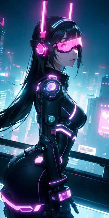top-quality))、((​masterpiece)、cyberpunked、Electronic visor attached to the face of a 12-year-old girl looking out at the city from the roof of a building、Cyberpunk Fashion、Sexy Posing、Exposed skin、Breasts enlarged、Neon lights in dark city at night