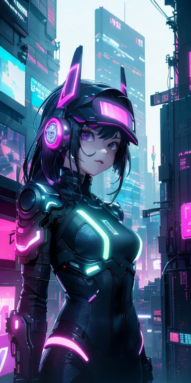 top-quality))、((masterpiece)、cyberpunked、Electronic visor attached to the face of a looking out at the city from the roof of a building、Cyberpunk Fashion、Sexy Posing、Exposed skin、Breasts enlarged、Neon lights in dark city at night