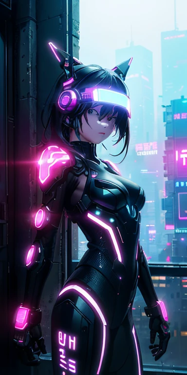 top-quality))、((masterpiece)、cyberpunked、Electronic visor attached to the face of a 12-year-old girl looking out at the city from the roof of a building、Cyberpunk Fashion、Sexy Posing、Exposed skin、Breasts enlarged、Neon lights in dark city at night