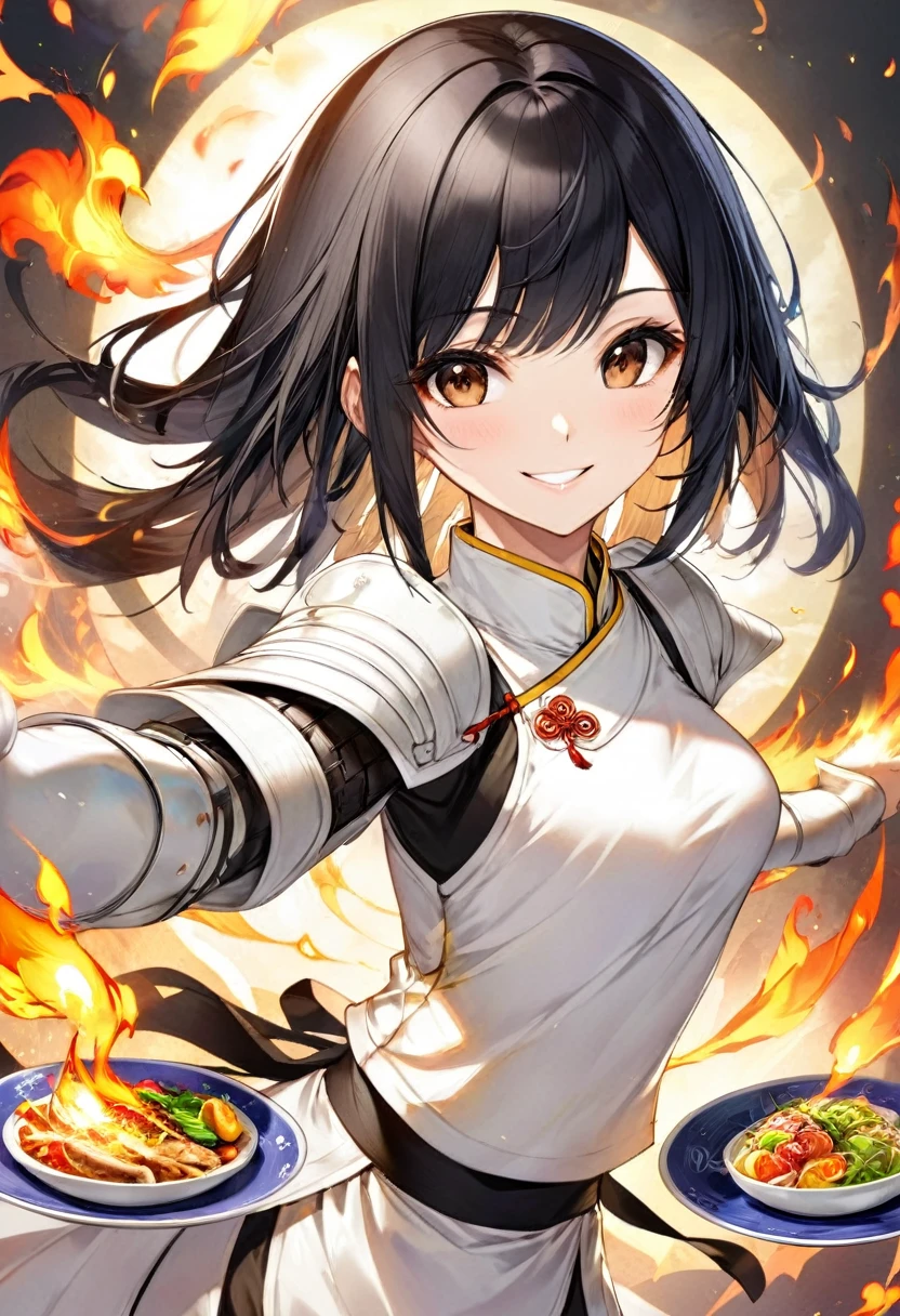 Asian、Black hair user、Cook、Girl in her twenties、Kung Fu、Wearing white monk clothes、Plate Armor、Paladin、Fire User、smile、Brown eyes、