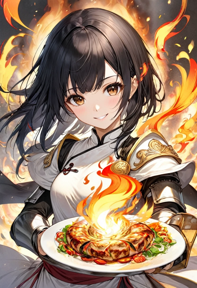 Asian、Black hair user、Cook、Girl in her twenties、Kung Fu、Wearing white monk clothes、Plate Armor、Paladin、Fire User、smile、Brown eyes、