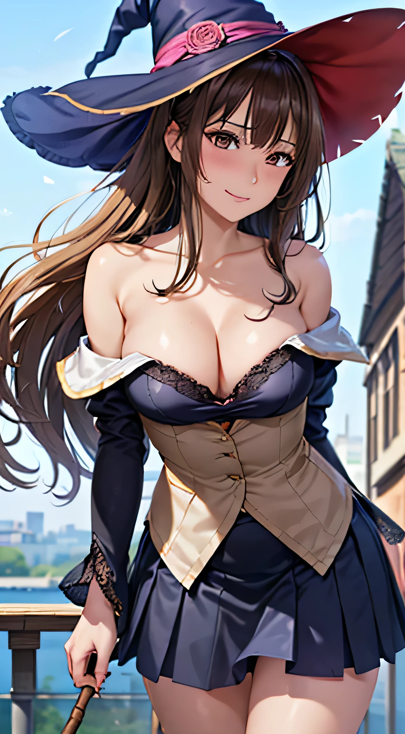 ((Tabletop, highest quality, High resolution, , Pixel Perfect, 4K, ))), Beautiful woman,, alone, beauty、The whole body is visible、 (((Sexy Witch Cosplay), Long dark blonde wavy hair、Off-the-shoulder jacket, Dark blue flared skirt、Witch Hat、, bangs, )), ((Brown eyes, Beautiful eyelashes, Realistic eyes)), ((Detailed face, Blushing:1.2)), ((Smooth texture:0.75, Realistic texture:0.65, Realistic:1.1, Anime CG Style)), Center of chest, Dynamic Angle, Perfect body, ((,)), Leaning forward、、、Very embarrassing panic smile, 、Castle Town Square、(The wind flipped up her skirt, Pink lace panties are in full view、、、、、)、Angle from below