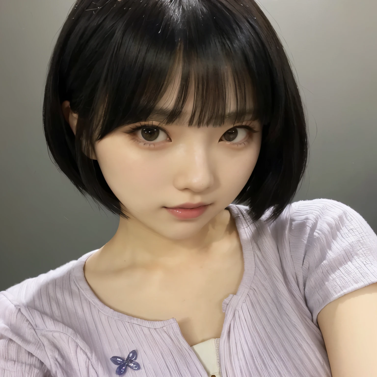 un primer plano de una mujer con el pelo corto y negro, con pelo corto, Yoshitomo Nara, chiho, el corte de hime, chica linda-cara-fina, ella tiene el pelo negro con flequillo, shikamimi, pelo cortado hime negro, yui kotegawa, sakimi-chan, ulzzang, peinado de corte hime blanco