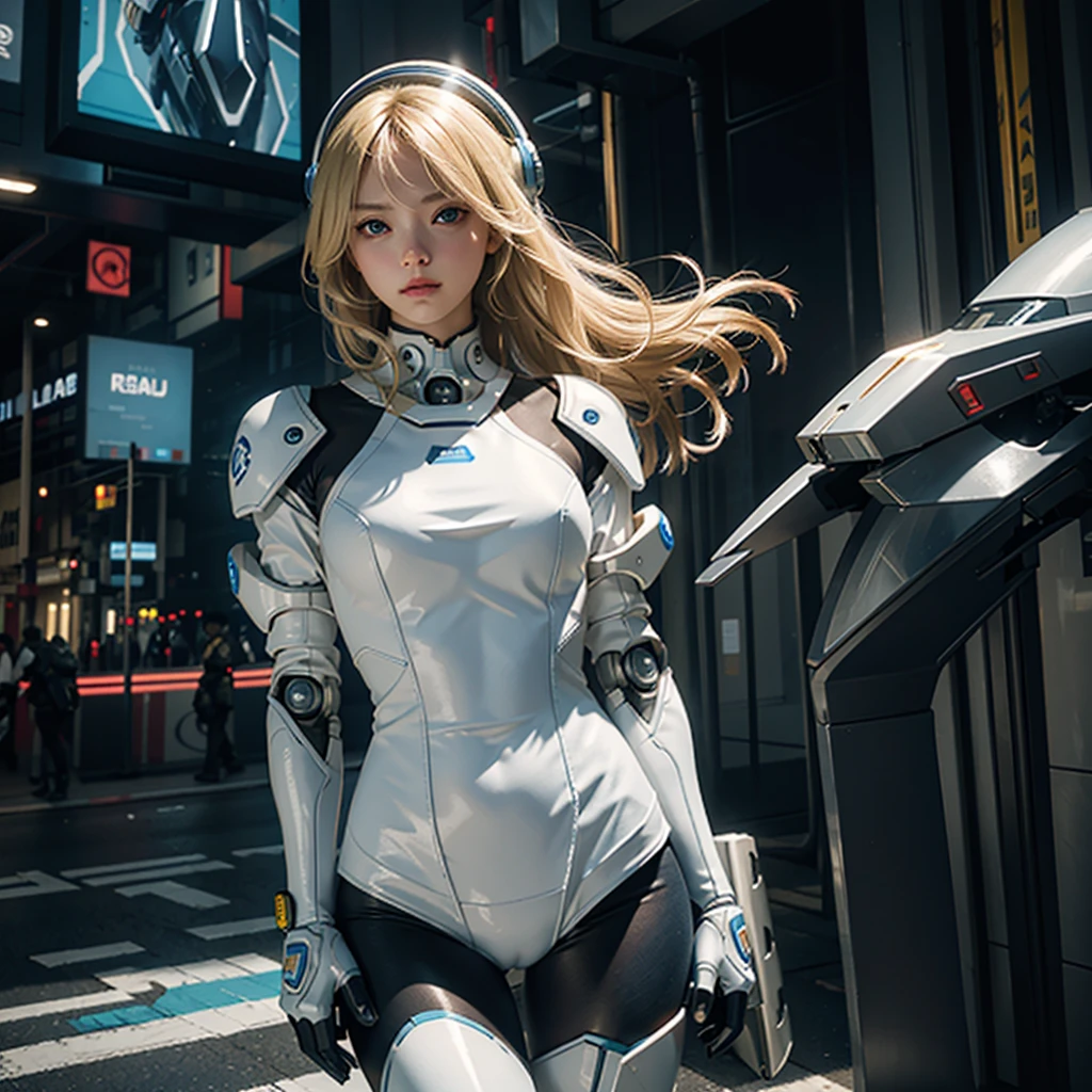 Highest image quality, outstanding details, ultra-high resolution, (realism: 1.4), the best illustration, favor details, highly condensed 1girl, with a delicate and beautiful face, blonde hair , dressed in a white and blue police mecha, wearing a mecha helmet, holding a directional controller, riding on a cybernetic police walking mech, cyberpunk city background is a high-tech lighting scene of the future city.