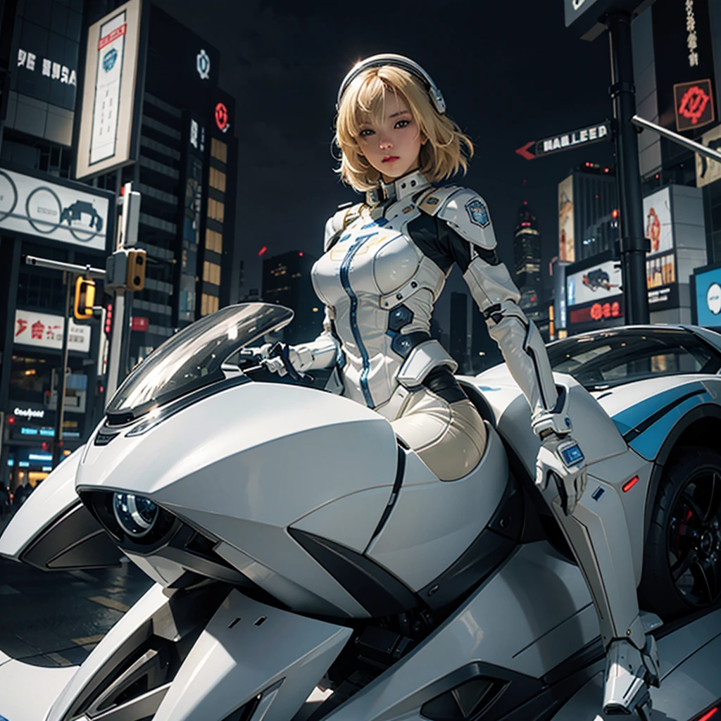 Highest image quality, outstanding details, ultra-high resolution, (realism: 1.4), the best illustration, favor details, highly condensed 1girl, with a delicate and beautiful face, blonde hair , dressed in a white and blue police mecha, wearing a mecha helmet, holding a directional controller, riding on a cybernetic police walking mech, cyberpunk city background is a high-tech lighting scene of the future city.