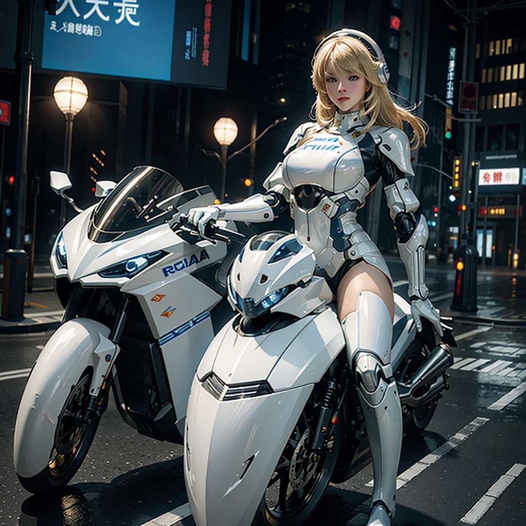 Highest image quality, outstanding details, ultra-high resolution, (realism: 1.4), the best illustration, favor details, highly condensed 1girl, with a delicate and beautiful face, blonde hair , dressed in a white and blue police mecha, wearing a mecha helmet, holding a directional controller, riding on a cybernetic police walking mech, cyberpunk city background is a high-tech lighting scene of the future city.