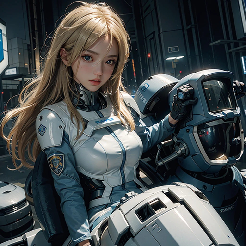 Highest image quality, outstanding details, ultra-high resolution, (realism: 1.4), the best illustration, favor details, highly condensed 1girl, with a delicate and beautiful face, blonde hair , dressed in a white and blue police mecha, wearing a mecha helmet, holding a directional controller, riding on a cybernetic police walking mech, cyberpunk city background is a high-tech lighting scene of the future city.