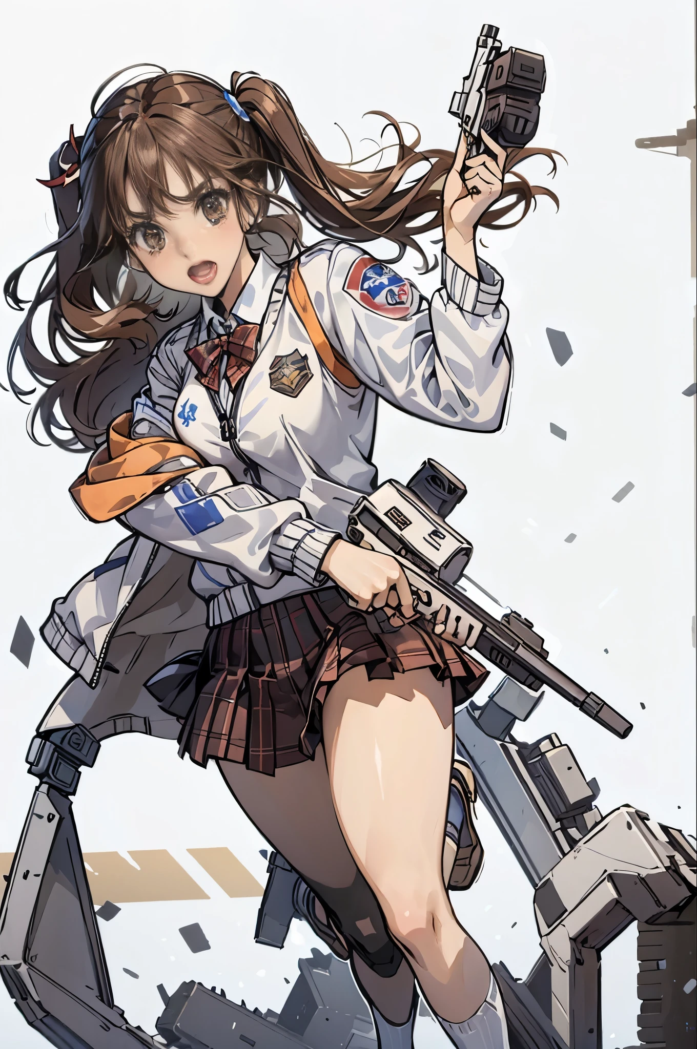 1girl, solo, open mouth, skirt, simple background, brown hair, shirt, white background, holding, twintails, brown eyes, , jacket, full body, weapon, pleated skirt, shoes, socks, holding weapon, gun, plaid, plaid skirt, brown footwear, sunglasses, letterboxed, black socks, loafers, holding gun, eyewear on head, handgun, dual wielding, aiming, letterman jacket