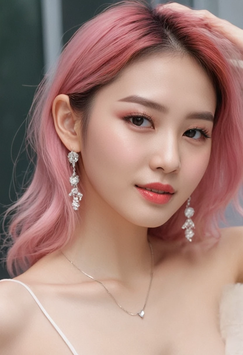ChatGPT
A Korean model, incredibly beautiful with a flawless body. The photo quality is 8K, lifelike, a masterpiece with the highest sharpness and contrast, hyper-realistic colors. Pink hair, long and silky, beautifully flowing in the vibrant sunlight. A beautiful, perfect, and sensual face, angelic and perfectly proportioned, stunning in every detail, radiant with high-end makeup. A dazzling smile, pristine white teeth with intricate details. Seductive glossy red lips. Brown eyes, glossy, captivating, meticulously made up, with a wet look, detailed, with pink eyeshadow, eyelashes, rosy cheeks, and high-end cosmetics. Delicate, perfect, and detailed double eyelids with black eyelashes. Curved, sparse, sharp, and detailed eyebrows. High and detailed nose. Rosy cheeks, prominent and detailed cheekbones. Bright, flawless skin, detailed pores, glossy and smooth. Beautiful, flawless hands, without flaws or imperfections. Large and full breasts, high and detailed nipples, deep and firm cleavage, tightly wrapped under the bra. Sleeveless top, jeans, necklace, earrings, bracelets. A soft portrait, focusing sharply on the girl's face. Complex lighting, casting golden-black rays, illuminating the face, sparkling sunlight, and highlighting the girl's body