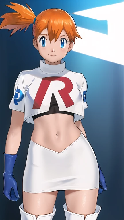 Misty Pokémon, short hair, Orange Hair, Side Ponytail, blue eyes, Mouth smile ,Team Rocket uniform, (logo on shirt:1.25), White jacket, White Skirt, Black Thigh Boots, abdomen,masterpiece, 最high quality, Very detailed, high quality, 4K, (Smooth texture:0.75, Realistic texture:0.65,Skin radiance