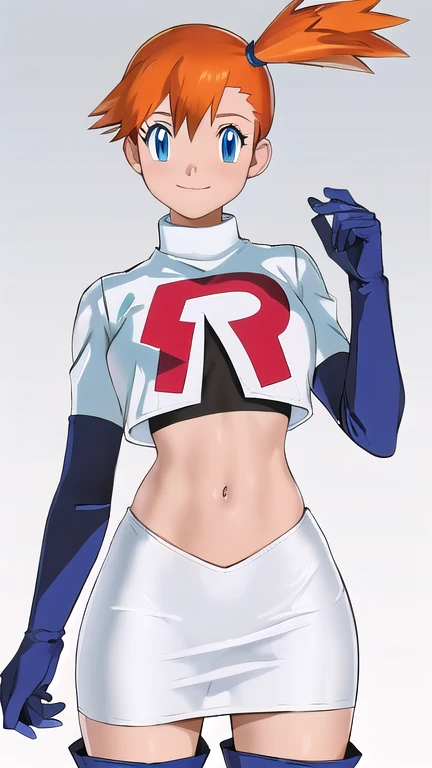 Misty Pokémon, short hair, Orange Hair, Side Ponytail, blue eyes, Mouth smile ,Team Rocket uniform, (logo on shirt:1.25), White jacket, White Skirt, Black Thigh Boots, abdomen,masterpiece, 最high quality, Very detailed, high quality, 4K, (Smooth texture:0.75, Realistic texture:0.65,Skin radiance