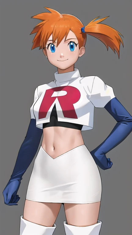 Misty Pokémon, short hair, Orange Hair, Side Ponytail, blue eyes, Mouth smile ,Team Rocket uniform, (logo on shirt:1.25), White jacket, White Skirt, Black Thigh Boots, abdomen,masterpiece, 最high quality, Very detailed, high quality, 4K, (Smooth texture:0.75, Realistic texture:0.65,Skin radiance
