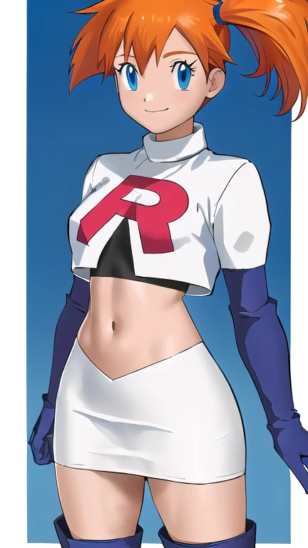 Misty Pokémon, short hair, Orange Hair, Side Ponytail, blue eyes, Mouth smile ,Team Rocket uniform, (logo on shirt:1.25), White jacket, White Skirt, Black Thigh Boots, abdomen,masterpiece, 最high quality, Very detailed, high quality, 4K, (Smooth texture:0.75, Realistic texture:0.65,Skin radiance