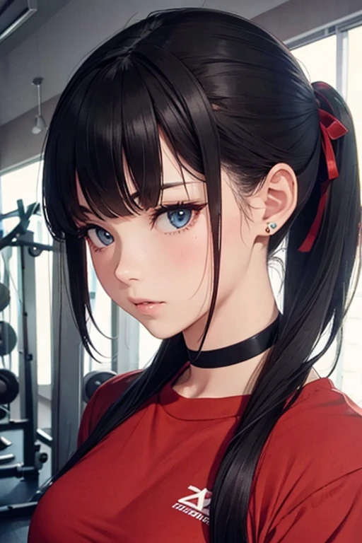best quality, masterpiece, 1 woman, alone, big bust, red shirt, Black Ribbon, long hair, pony-tail, a tempting neck, sweat flowing, gym class,