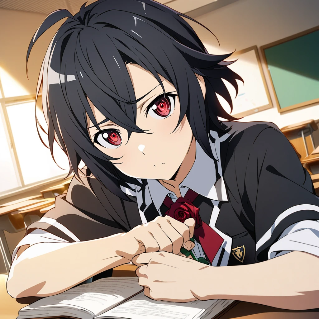 Hyakuya Mikaela \(Sword Art Online\), (short black hair), (rose red eyes):1.2, academy uniform, bangs, pouting, ((ultra-detailed)), ((illustration)), ((neat hair)), (beautiful detailed eyes), male, 1boy, sitting, studying, ((classroom)), looking at viewer