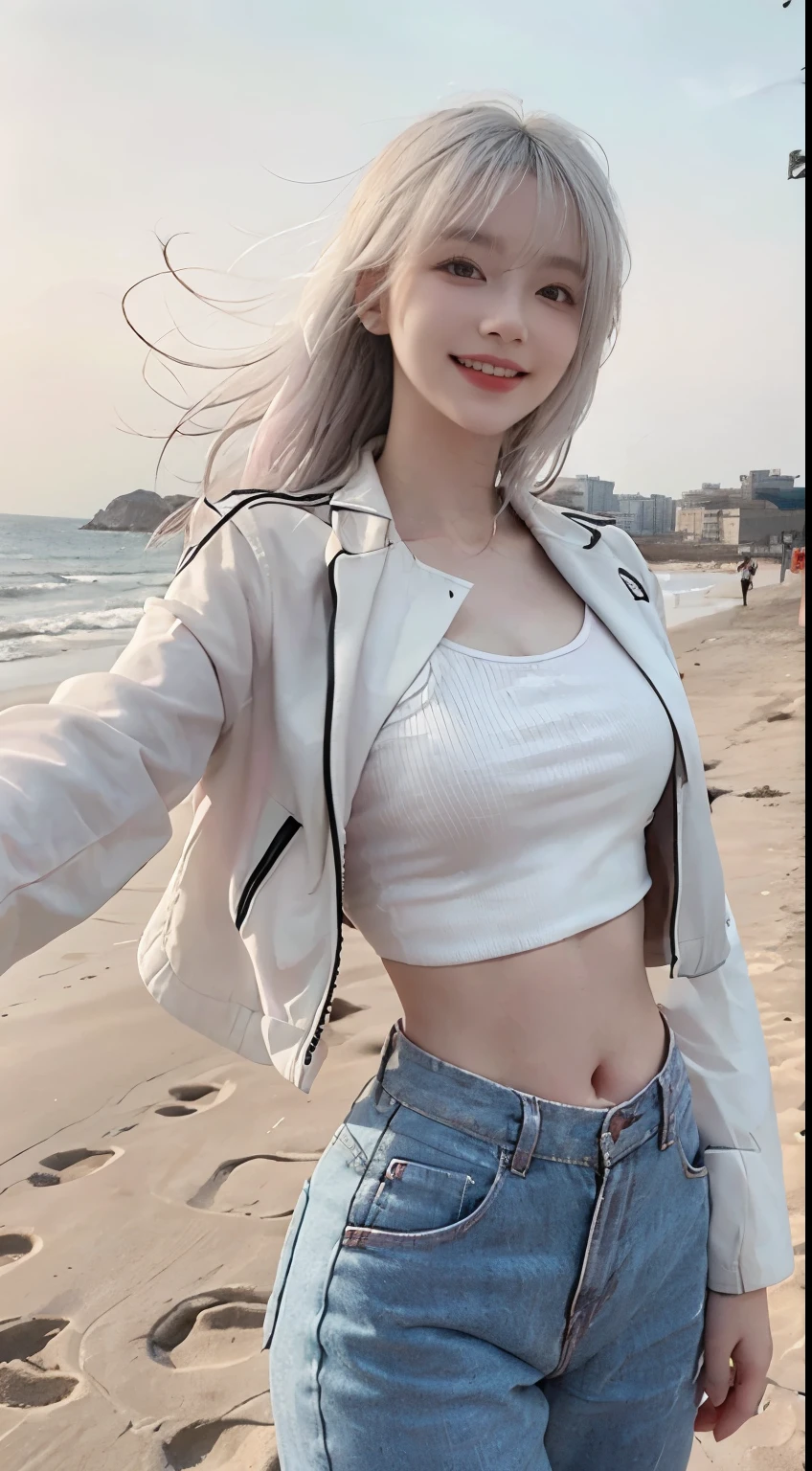 Best image quality、RAW Photos、超A high resolution、21 years old Korean、Small 、Dynamic Angle、Cowboy Shot、Chaos in its most beautiful form、elegant、Brutalist Design、Vibrant colors、Beautiful white hair、Short Bob、smile、fun、smile、Glowing White Skin、Beautiful eyes with random colors、Very thin lips、Beautiful eyes in every detail、 Narrow eyes、Cheeks are pale pink、Eyelash length、Beautiful double eyelids、eye shadow、Bright white hair、Crop top、Lightweight see-through jacket、Harem pants、Sandy Beach、Shooting from diagonally below、Low - Angle、The wind is blowing、Hair fluttering、boost mood、Full body photo
