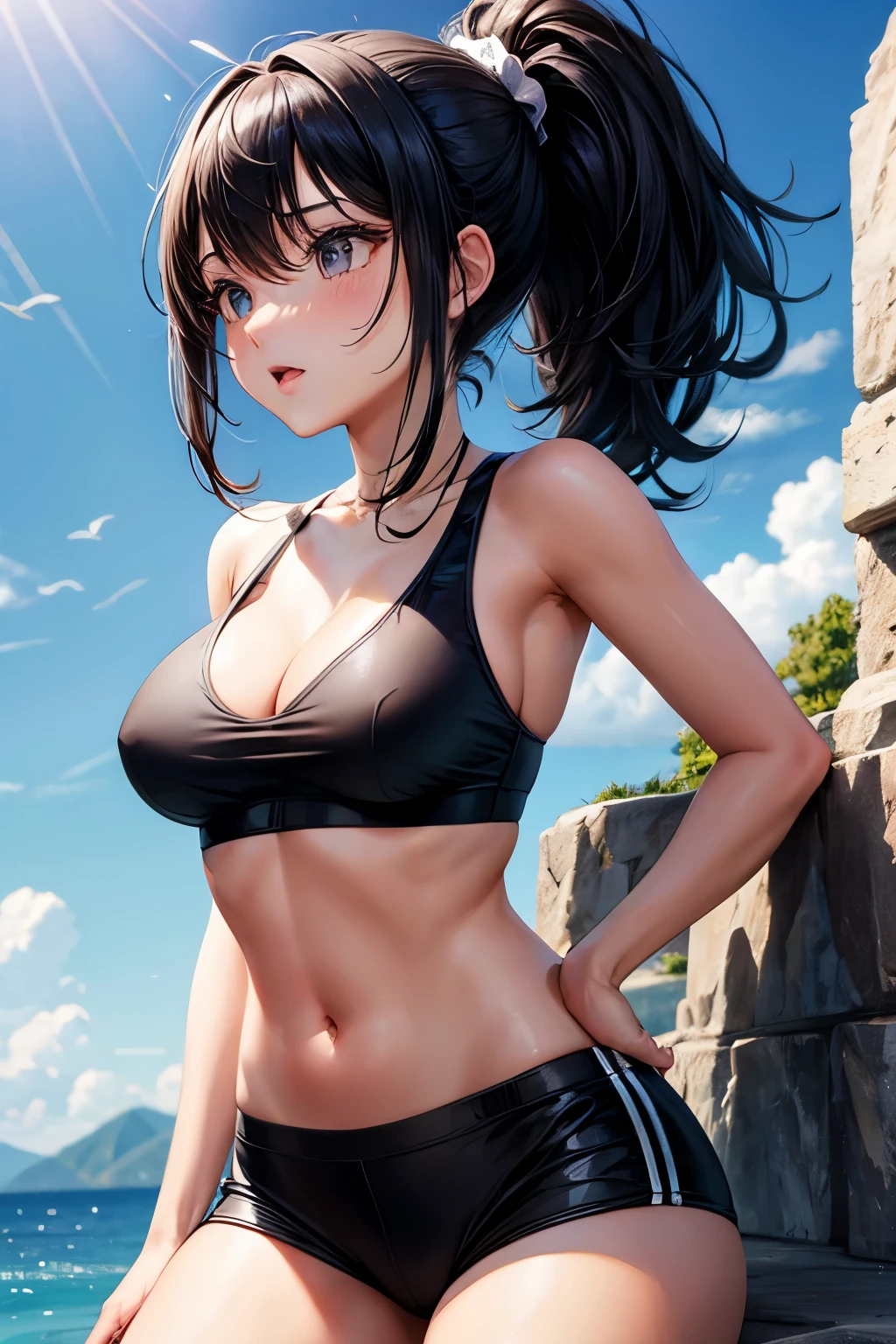 Black hair, ponytail, black eyes, girl, adventurer, Three point bra, briefs
