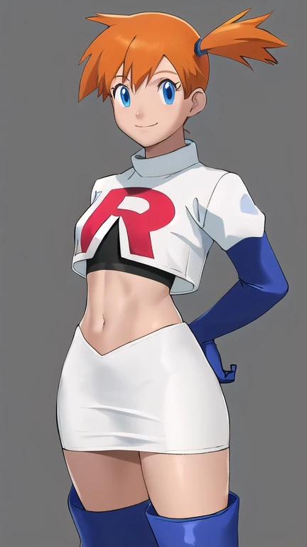 Misty Pokémon, short hair, Orange Hair, Side Ponytail, blue eyes, Mouth smile ,Team Rocket uniform, (logo on shirt:1.25), White jacket, White Skirt, Black Thigh Boots, abdomen,masterpiece, 最high quality, Very detailed, high quality, 4K, (Smooth texture:0.75, Realistic texture:0.65,Skin radiance