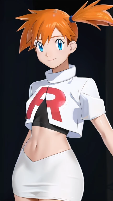 Misty Pokémon, short hair, Orange Hair, Side Ponytail, blue eyes, Mouth smile ,Team Rocket uniform, (logo on shirt:1.25), White jacket, White Skirt, Black Thigh Boots, abdomen,masterpiece, 最high quality, Very detailed, high quality, 4K, (Smooth texture:0.75, Realistic texture:0.65,Skin radiance