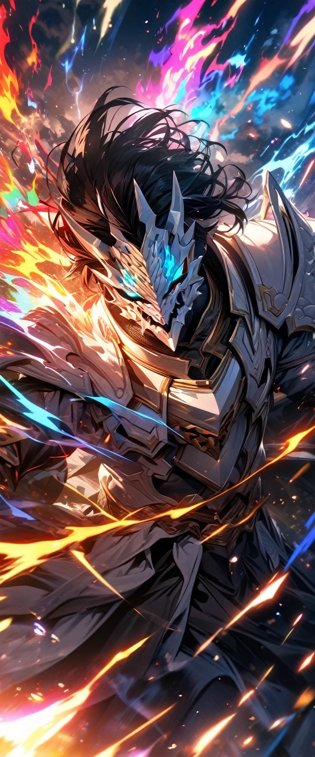 absurdres, highres, ultra detailed, HDR, masterpiece, extremely detailed face and eyes, white armor dragon knight, Epic Dragon mask,,colorful Black hair , , solo, ,man, handsome, , , Epic fight scene, colorful flames splashing effect,colorful lightning effect,glowing glitters