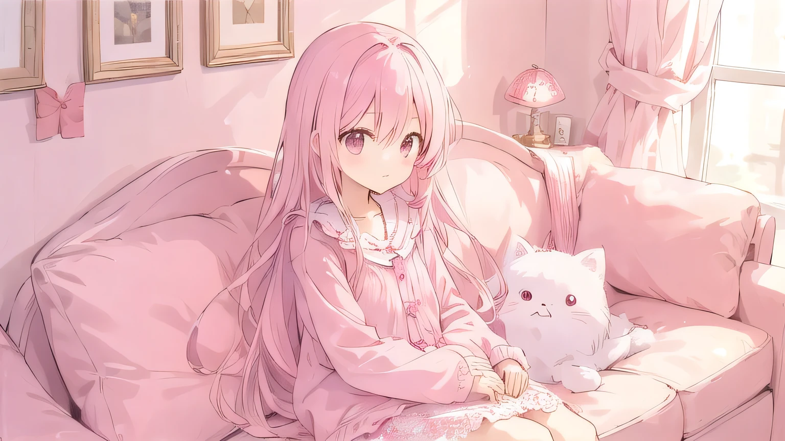 Pink Long Hair,One girl、、Dressed in cute clothes、Cute room、Relax on a cute sofa