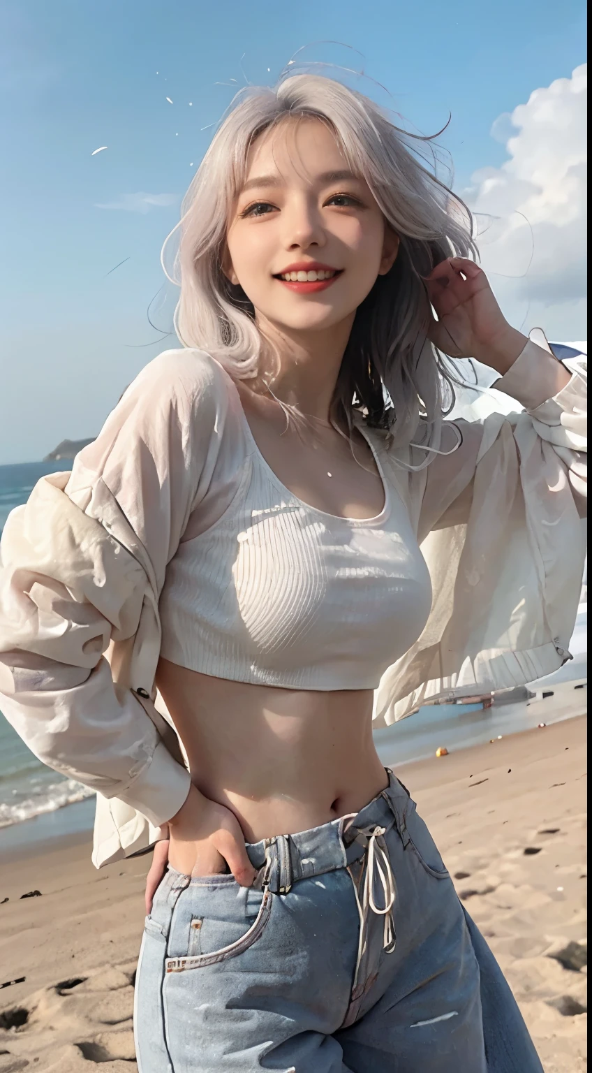 Best image quality、RAW Photos、超A high resolution、21 years old Korean、Small breasts、Dynamic Angle、Cowboy Shot、Chaos in its most beautiful form、elegant、Brutalist Design、Vibrant colors、Beautiful white hair、Short Bob、smile、fun、smile、Glowing White Skin、Beautiful eyes with random colors、Very thin lips、Beautiful eyes in every detail、 Narrow eyes、Cheeks are pale pink、Eyelash length、Beautiful double eyelids、eye shadow、Bright white hair、Crop top、Lightweight see-through jacket、Harem pants、Sandy Beach、Shooting from diagonally below、Low - Angle、The wind is blowing、Hair fluttering、boost mood、Full body photo