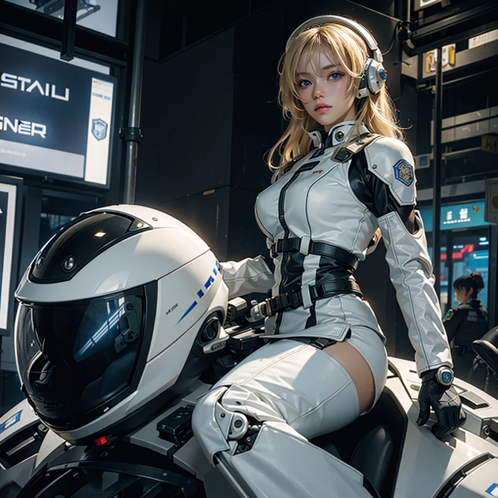 Highest image quality, outstanding details, ultra-high resolution, (realism: 1.4), the best illustration, favor details, highly condensed 1girl, with a delicate and beautiful face, blonde hair , dressed in a white and blue police mecha, wearing a mecha helmet, police tactical vest, tactical harness.holding a pistol, riding on a cybernetic police walking mech, cyberpunk city background is a high-tech lighting scene of the future city.