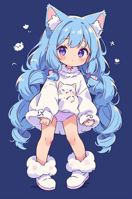 masterpiece, highest quality, Detailed background, cute panties、cute, small, Blue Hair, Long Hair, Twin Drill、white fluffy cat tail, White cat ears, small size, whole body, Purple eyes, fluffy, fluff ears, alone, detailed, girl, cutetech, pastel colour, cute, cute colors