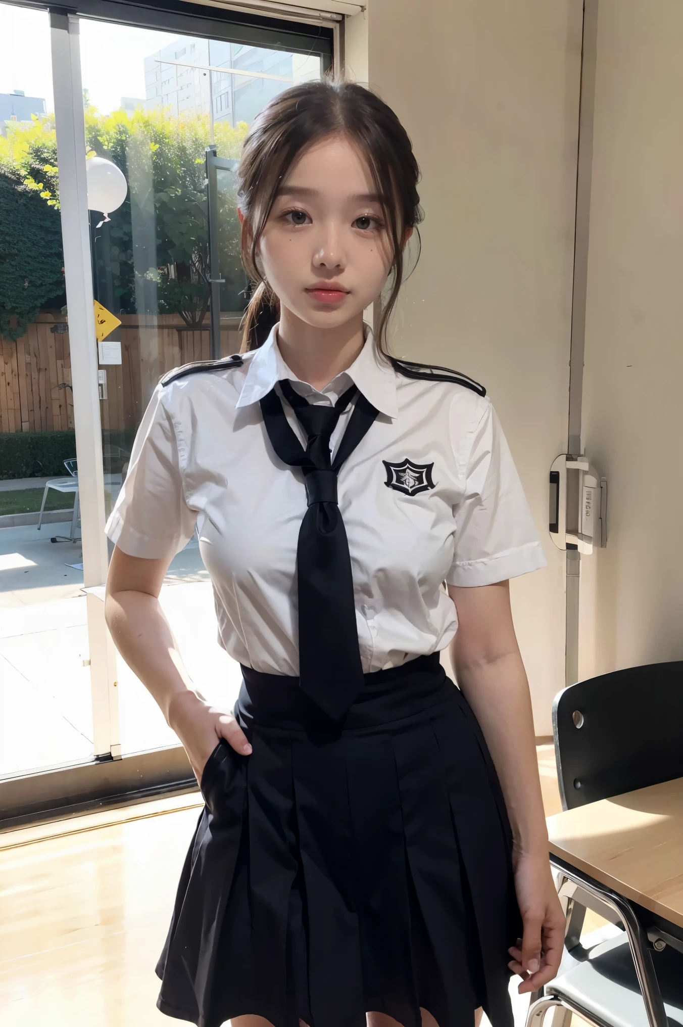 ((top quality, 8k, masterpiece: 1.3)), beauty, 1 girl, big: 1.3, (abs, slender figure: 1.1), dark brown hair, (wet body: 1.1), ultra detailed face, detailed lips, detailed eyes, double eyelids, mini skirt, ((JK uniform)), (school uniform), detailed police car interior, police car, passenger seat sitting, baton, handcuffs, embarrassed, blush, panties on thighs, shy laugh, shirt with open front, uniform with open front, shirt unbuttoned, angel window, ribbon on the strip, shirt on the heel, bra under shirt