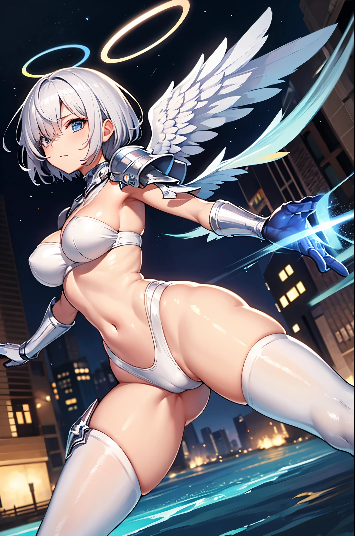 fantasy, 1angel_girl,young_, ,silver_hair, short_hair, long_bangs, halo,bare_shoulder,thighhighs,silver_armor, waist_armor, large_breasts,half_eyes,1pair_wings, dynamic_pose_fighting,floating, bare_crotch, headgear,gauntlet, greaves,city_background,slightly_spread_legs, solo, groin_naked,tan_skin,hair_over_one_eye,