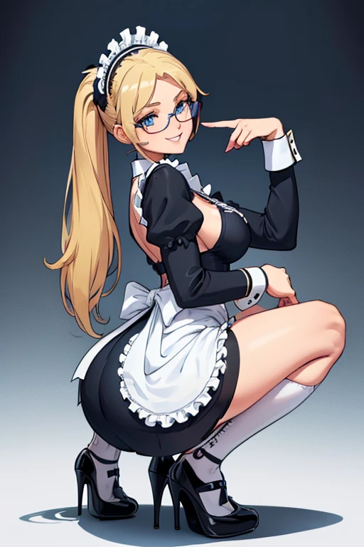 female, blonde long hair in a ponytail, blue eyes, (((1girl))), (((French maid uniform))), (white apron), (white stockingss), (black heels), (glasses), cute and sexy, big breasts, big butt, full body, long legs, smiling