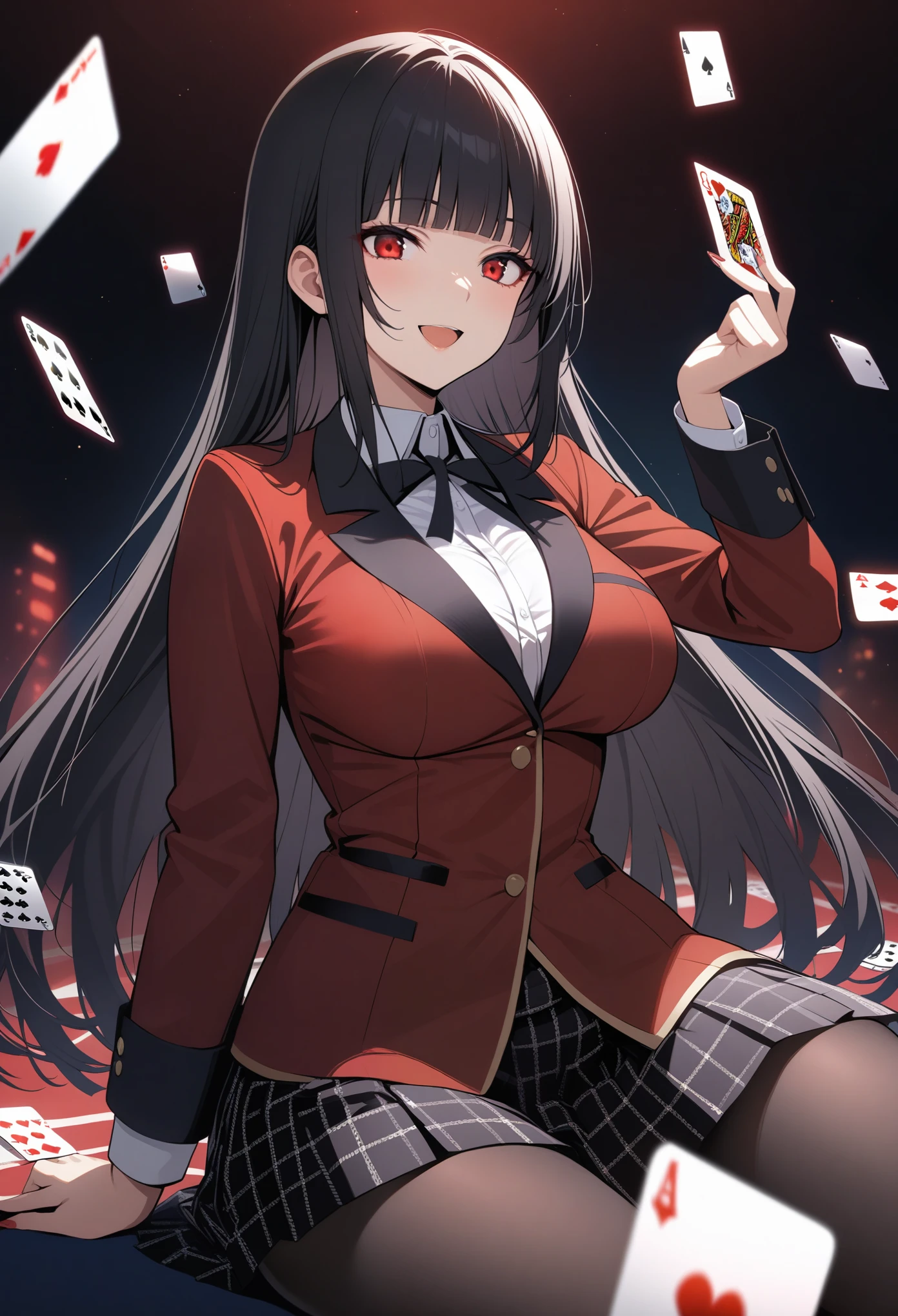 masterpiece, best quality, ultra detailed, very aesthetic,
1girl, jabami yumeko, kakegurui, black hair, red eyes, long hair, blunt bangs, hyakkaou academy , , collared shirt, white shirt, ribbon, red jacket, pleated skirt, print skirt, pantyhose, smile, open mouth, card, playing card,