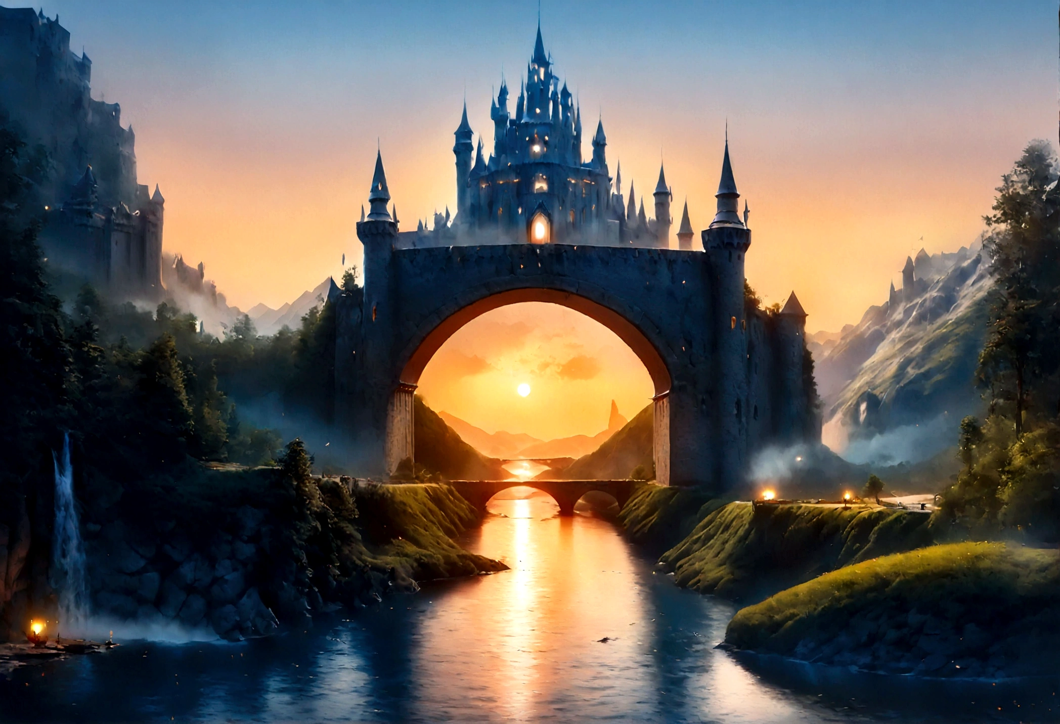 an award winning picture, National Geographic style, Arafed, magnificent artistic picture of a (castle: 1.4) on a mountain range near a lake at dusk, fantasy art D&D art, castle, with towers, turrets, barbican, it is dusk time, the sun is going down, and there are stars in the skies, the last rays of sun, there is a ((bridge lit by torches: 1.4)) crossing to the other side, the castle is being reflected in the water, mist rising from the water, fantasy forest background, ultra best realistic, best details, 16k, [ultra detailed], masterpiece, best quality, (extremely detailed), photorealism, depth of field, hyper realistic painting, Cinematic Hollywood Film style, digital art