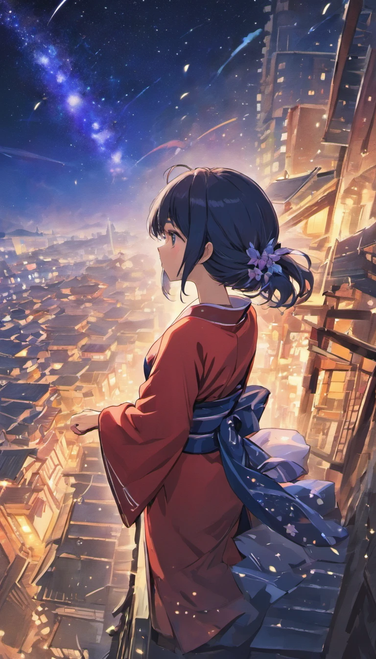 City of night、The sky is fantastic、Meteors、High school girl sitting on top of a building、Long black hair、Back view、The city is bright with streetlights、Landscape Main、Highest quality、Anime Scenery、Xin Haicheng、building、field、Milky Way 110207, distant girl wearing a kimono staring at
the performer,(Zoom out:1.1),(Meteors:1.2)、(comet:1.urname、Low - Angle、From behind、Alola、shooting star、yukata, red kimono, cherry blossoms、Standing in the field、highest quality、masterpiece、cloud、colorful、Starry sky、performer、