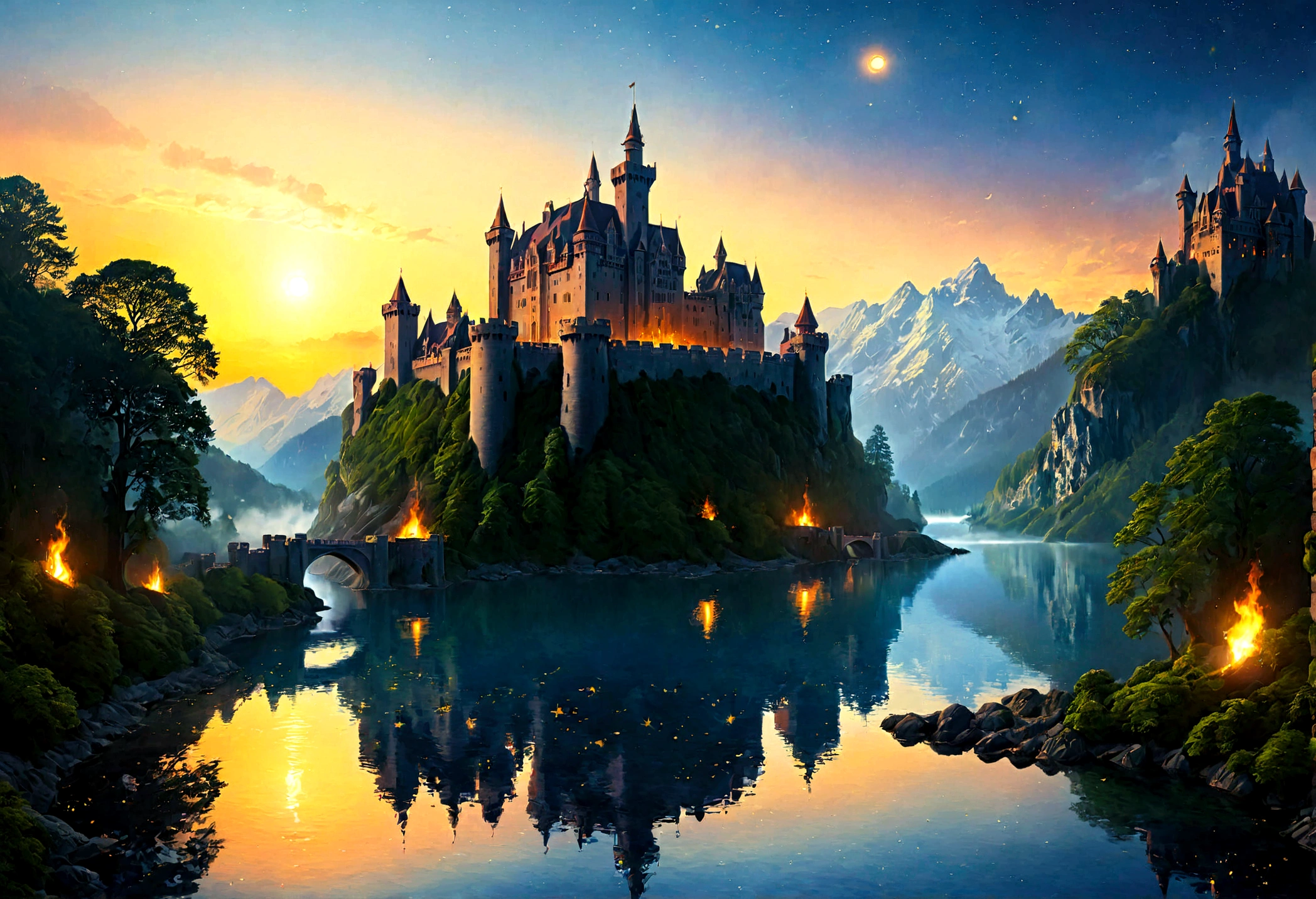 an award winning picture, National Geographic style, Arafed, magnificent artistic picture of a (castle: 1.4) on a mountain range near a lake at dusk, fantasy art D&D art, castle, with towers, turrets, barbican, it is dusk time, the sun is going down, and there are stars in the skies, the last rays of sun, there is a ((bridge lit by torches: 1.4)) crossing to the other side, the castle is being reflected in the water, mist rising from the water, fantasy forest background, ultra best realistic, best details, 16k, [ultra detailed], masterpiece, best quality, (extremely detailed), photorealism, depth of field, hyper realistic painting, Cinematic Hollywood Film style, digital art