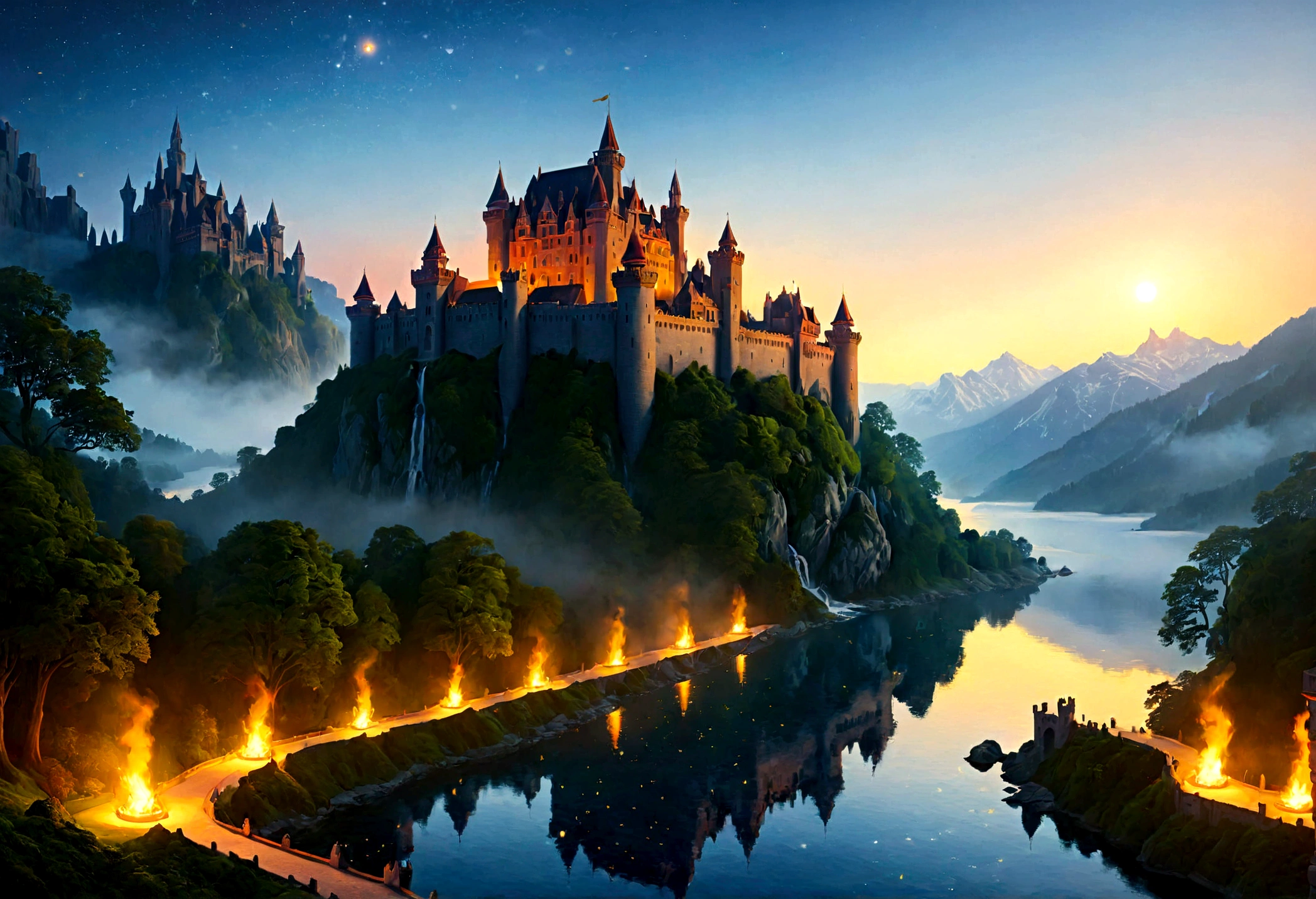 an award winning picture, National Geographic style, Arafed, magnificent artistic picture of a (castle: 1.4) on a mountain range near a lake at dusk, fantasy art D&D art, castle, with towers, turrets, barbican, it is dusk time, the sun is going down, and there are stars in the skies, the last rays of sun, there is a ((bridge lit by torches: 1.4)) crossing to the other side, the castle is being reflected in the water, mist rising from the water, fantasy forest background, ultra best realistic, best details, 16k, [ultra detailed], masterpiece, best quality, (extremely detailed), photorealism, depth of field, hyper realistic painting, Cinematic Hollywood Film style, digital art