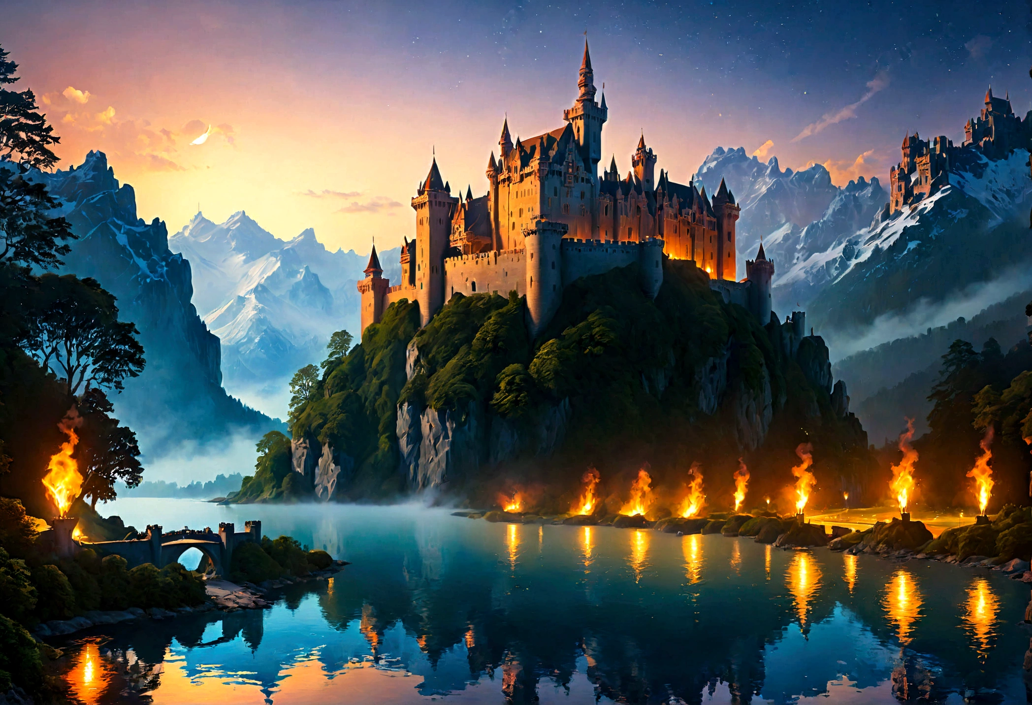 an award winning picture, National Geographic style, Arafed, magnificent artistic picture of a (castle: 1.4) on a mountain range near a lake at dusk, fantasy art D&D art, castle, with towers, turrets, barbican, it is dusk time, the sun is going down, and there are stars in the skies, the last rays of sun, there is a ((bridge lit by torches: 1.4)) crossing to the other side, the castle is being reflected in the water, mist rising from the water, fantasy forest background, ultra best realistic, best details, 16k, [ultra detailed], masterpiece, best quality, (extremely detailed), photorealism, depth of field, hyper realistic painting, Cinematic Hollywood Film style, digital art