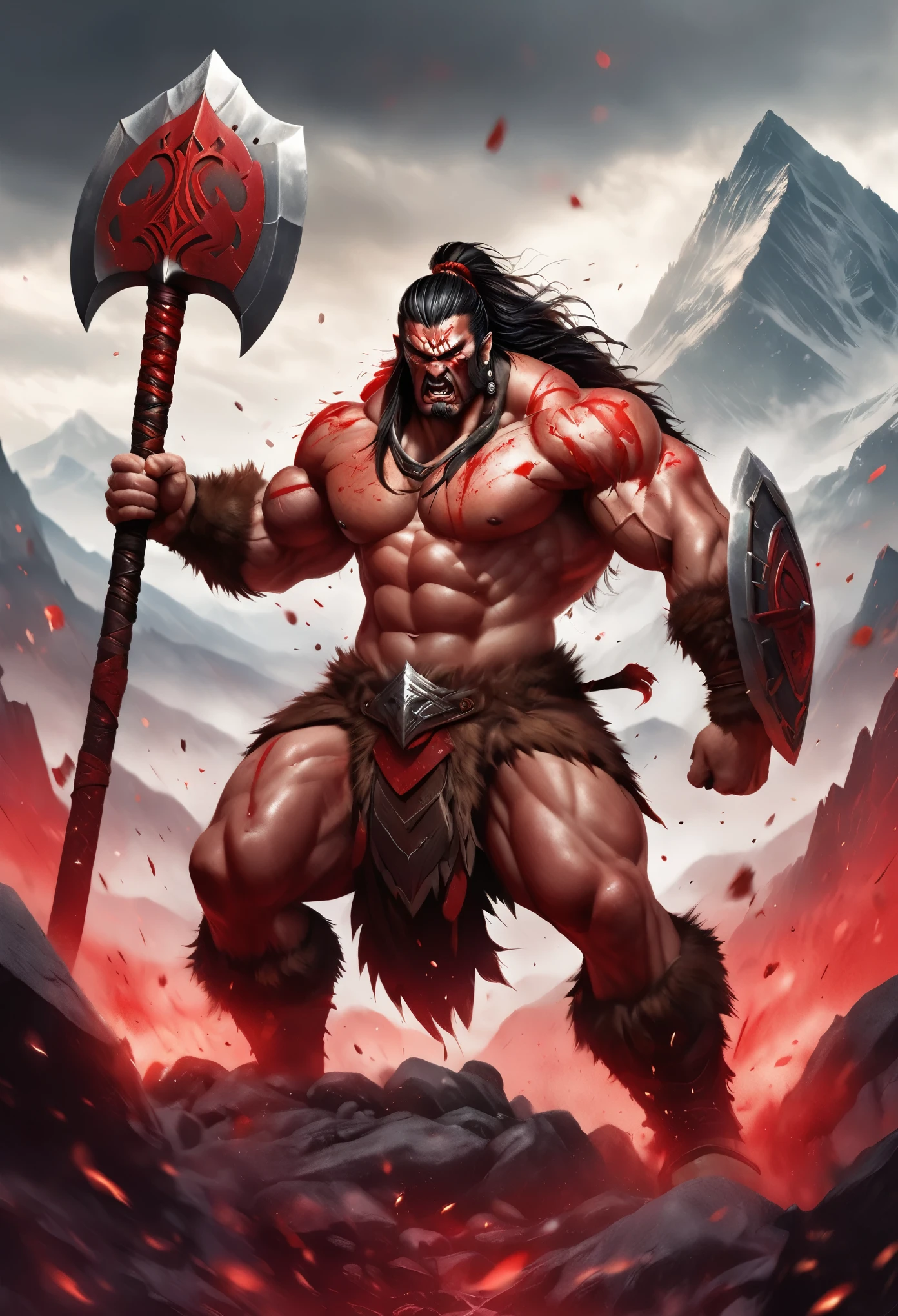 A striking fantasy illustration of a muscular barbarian warrior, His chiseled body is covered with countless battle scars.. He wields a huge battle axe，Exudes a powerful red berserker aura, Surround him with a threatening yet charming atmosphere. The background reveals a weird, Misty landscape, Ominous mountains, Get ready for fierce battles. Highly detailed and high-definition artwork showcases the strength and resilience of this fierce warrior., illustration