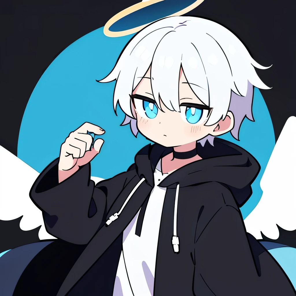 One boy, alone, Short Hair, (White Hair, Blue eyes with vertical pupils), Angel Halo, Black long coat, Black fur hood, Angel&#39;s wing, Vertical scar, Right eye is hidden, Performance, Sharp teeth, Happy expression