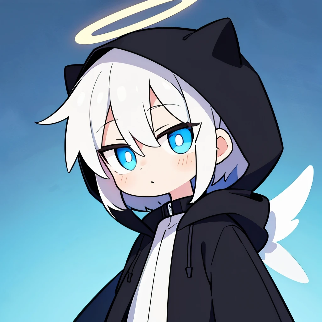 One boy, alone, Short Hair, (White Hair, Blue eyes with vertical pupils), Angel Halo, Black long coat, Black fur hood, Angel&#39;s wing, Vertical scar, Right eye is hidden, Performance, Sharp teeth, Happy expression