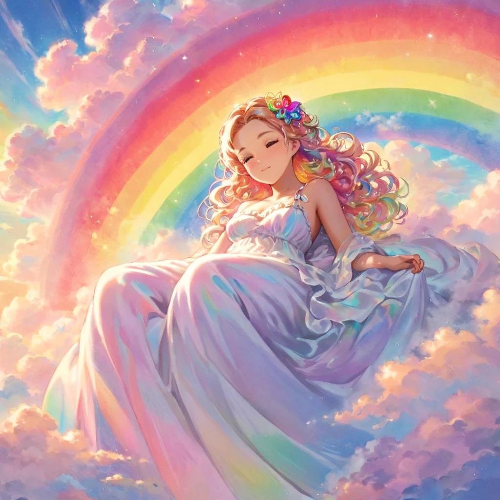 A stunningly ethereal woman, composed of a dazzling array of rainbow hues, reclines gracefully at the end of a radiant rainbow amidst the fluffy clouds in the sky. Bathed in dynamic and enchanting lighting, accentuates her vibrant, full-bodied form. Fantasy art. Masterpiece 