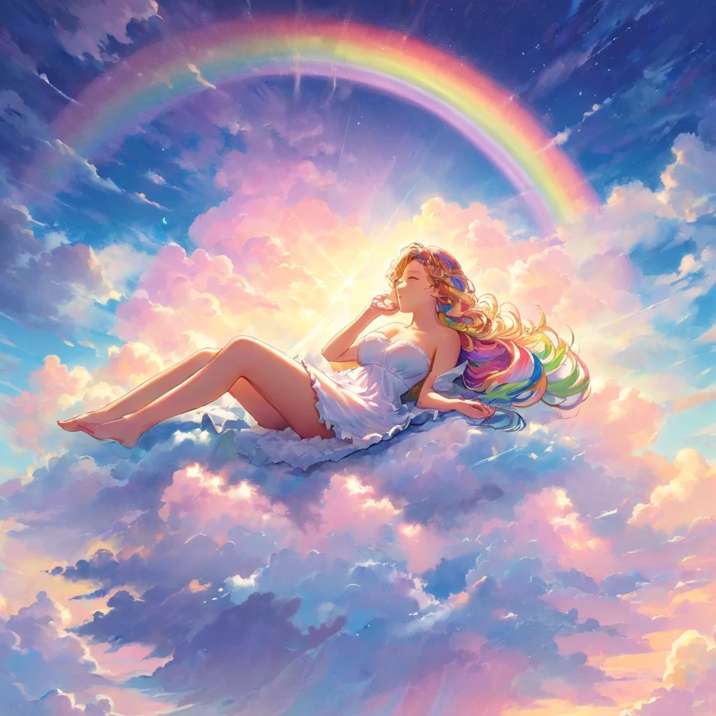 A stunningly ethereal woman, composed of a dazzling array of rainbow hues, reclines gracefully at the end of a radiant rainbow amidst the fluffy clouds in the sky. Bathed in dynamic and enchanting lighting, accentuates her vibrant, full-bodied form. Fantasy art. Masterpiece 