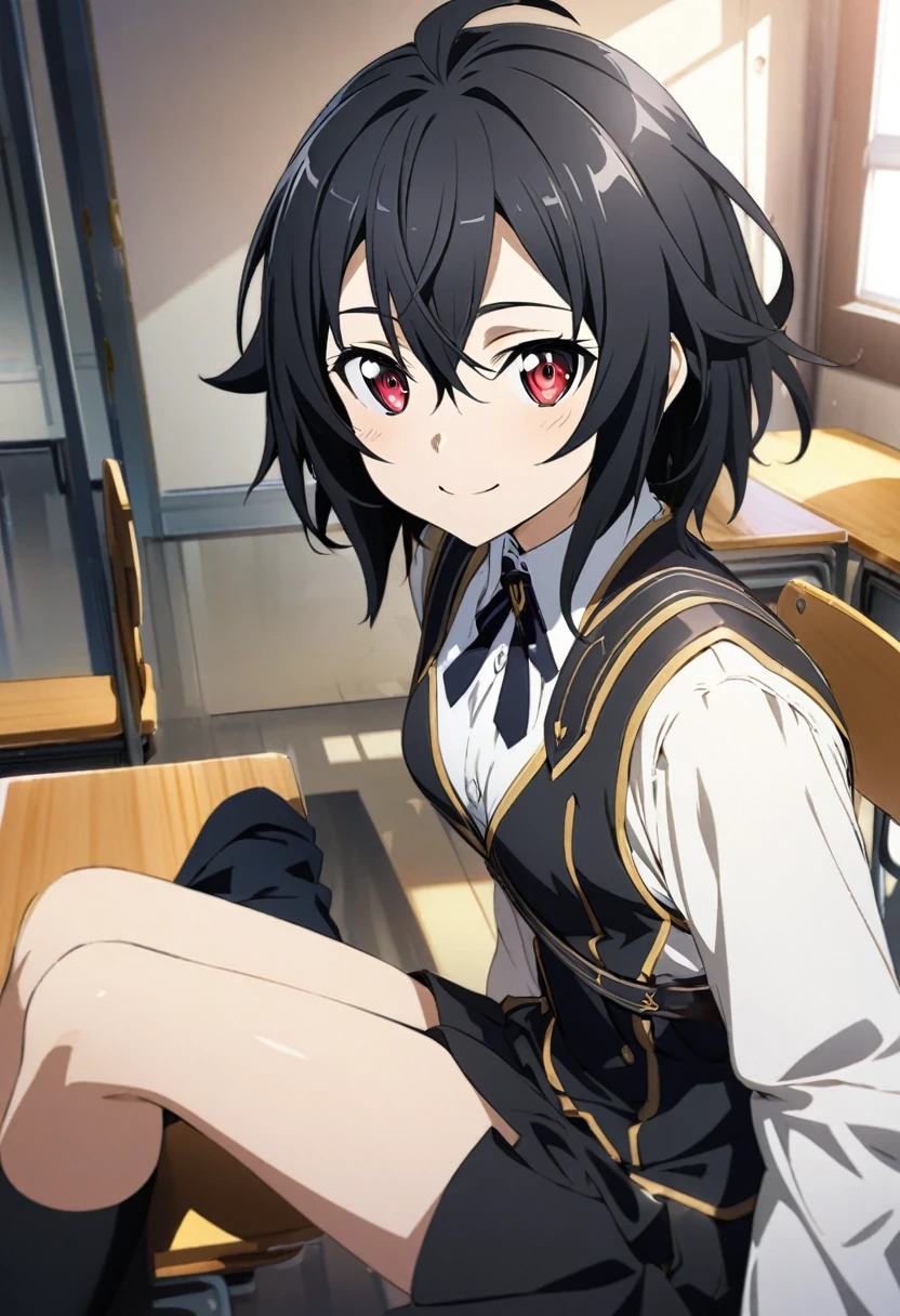 Hyakuya Mikaela \(Sword Art Online\), (long black hair), (rose red eyes):1.2, academy uniform, bangs, smiling gently, ((ultra-detailed)), ((illustration)), ((neat hair)), (beautiful detailed eyes), female, 1girl, sitting, ((classroom)), looking at viewer