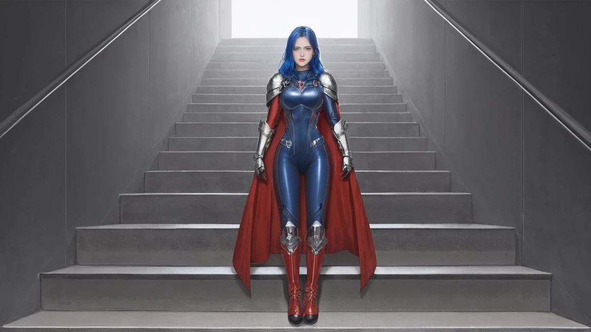 score_9, score_8_up, score_7_up, BREAK,
 1girl, armor, bird, blue eyes, blue hair, blush, bodysuit, boots, cape, closed mouth, full body, gauntlets, long hair, looking at viewer, shiny, shiny hair, solo, stairs, standing