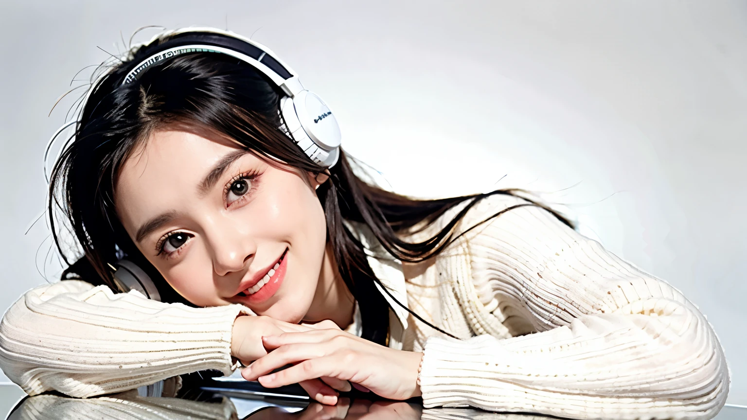 1 Girl,sweater,White background,Wearing headphones,Smiling,In dubbing