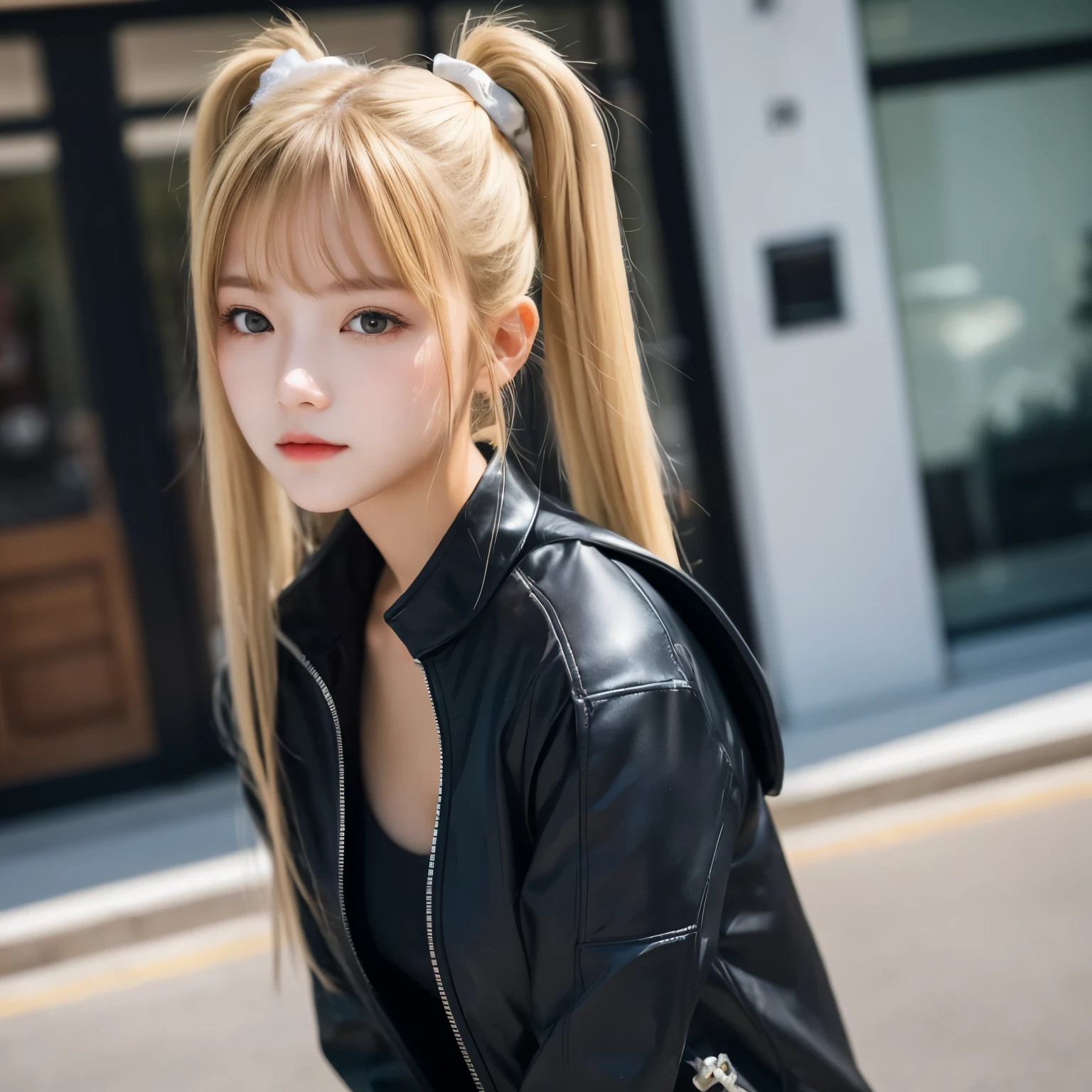 Blonde hair, pigtails divided into left and right sides, black armored suit, white shoulder pads, long eyes, beautiful, high quality, real photo, 8k, highest quality, 16 year old girl