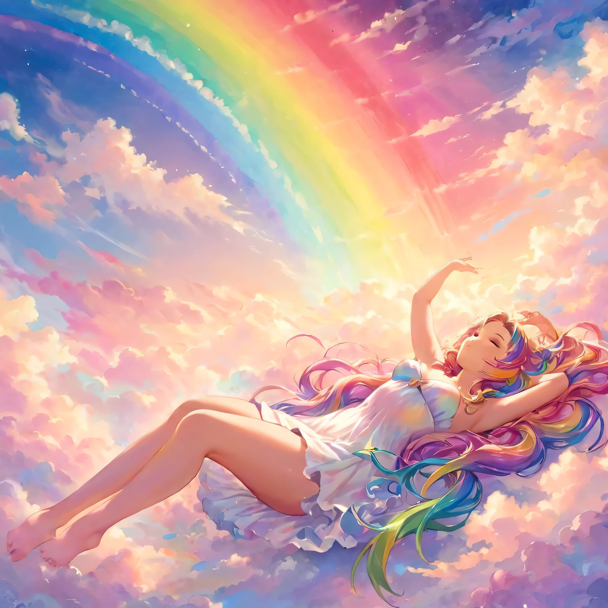 A stunningly ethereal woman, composed of a dazzling array of rainbow hues, reclines gracefully at the end of a radiant rainbow amidst the fluffy clouds in the sky. Bathed in dynamic and enchanting lighting, accentuates her vibrant, full-bodied form. Fantasy art. Masterpiece 