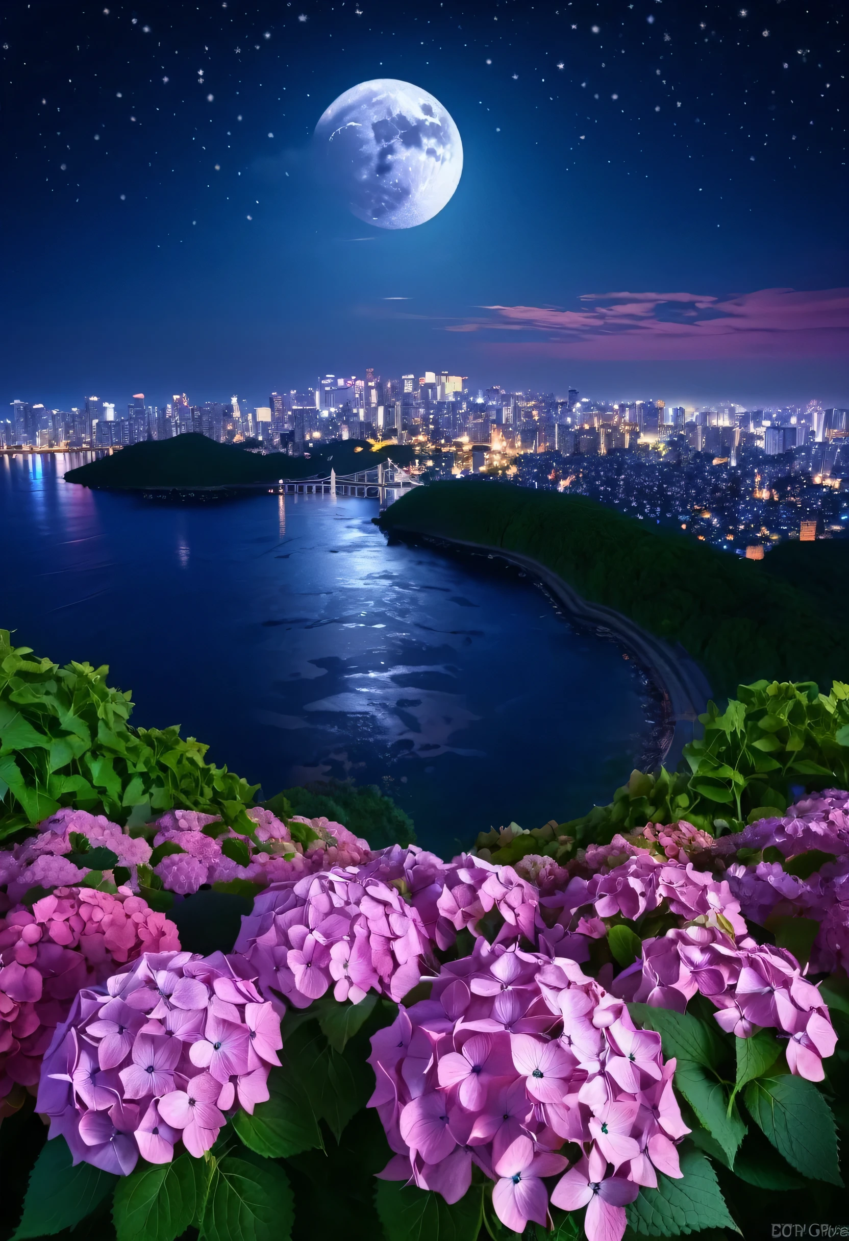 Colorful hydrangeas, mainly pink, illuminated by the moonlight、A big moon and beautiful stars in the night sky、Very close to real nature、Very beautiful night scenery、Very beautiful、The glittering cityscape at night in the background