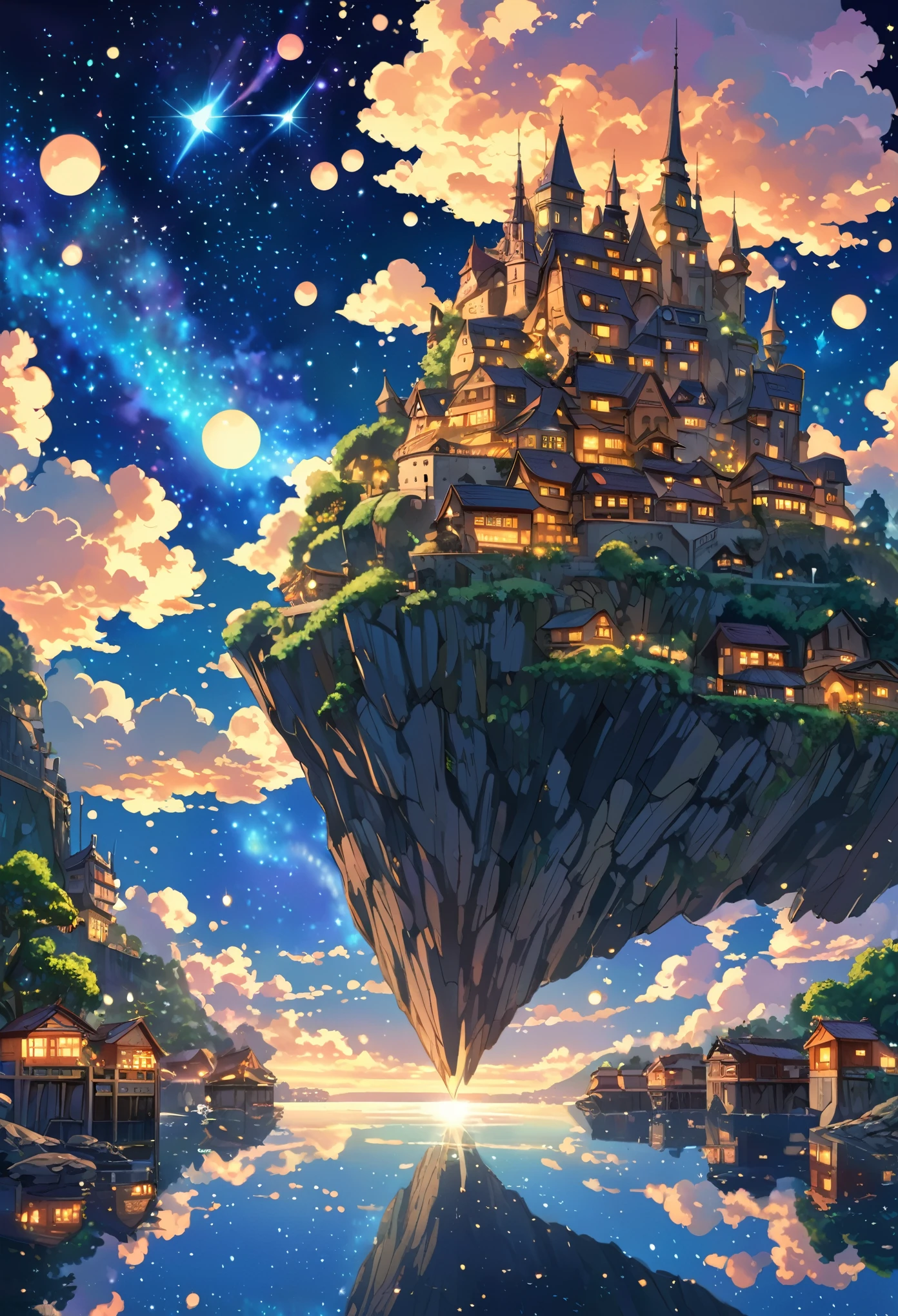 A highly detailed anime-style still art, Ghibli studio style, masterpiece, official art, professional, ((ultra-detailed)), 8k,
((Not show people)),
shimmering city, crystals, reflective surfaces, prismatic light effects, set on a floating island surrounded by a starry night sky.